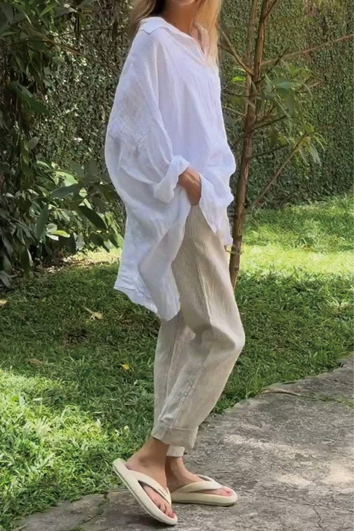 Camisa de Algodão e Linho de Cor Sólida