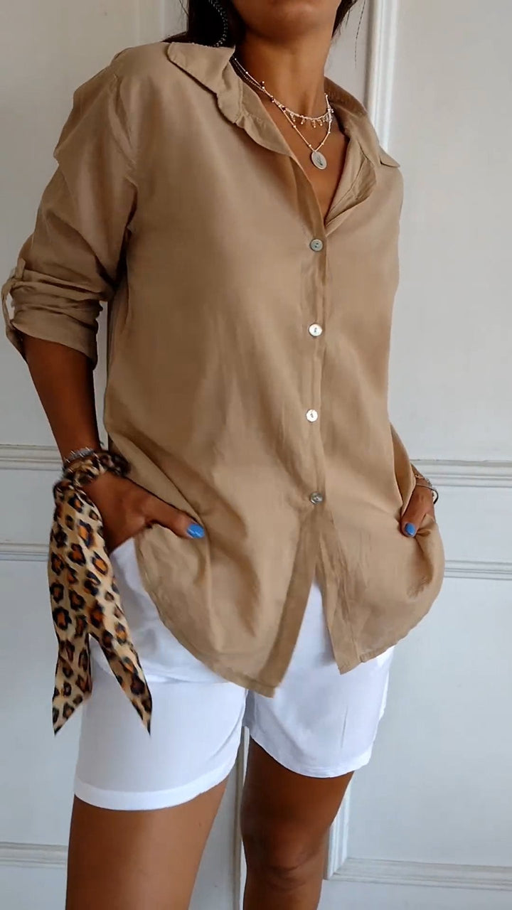 Camisa de Algodão e Linho com Lapela e Mangas 3/4