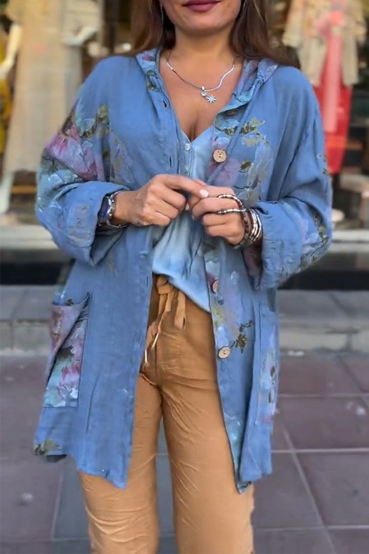 Camisa feminina casual de algodão e linho com estampa floral