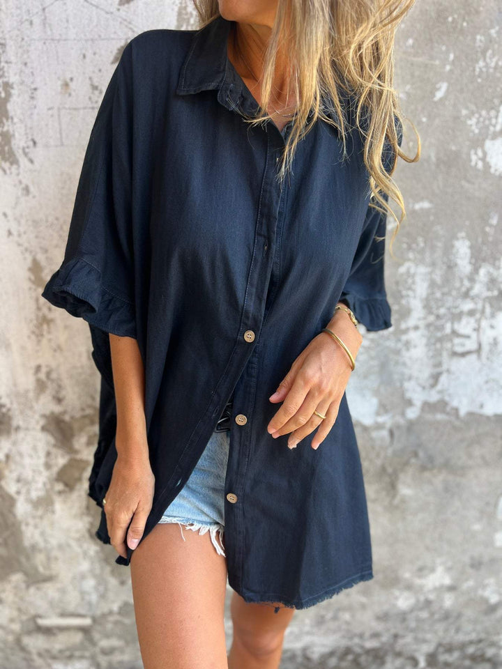 Camisa de algodão e linho com design de barra em fungo