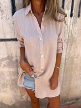 Camisa de Cor Sólida com Mangas 3/4 de Algodão e Linho