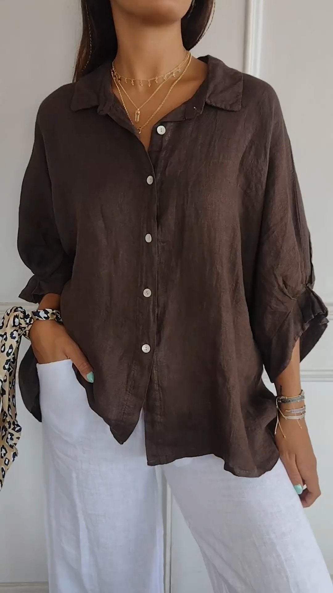 Camisa casual com amarração nas costas e lapela, de algodão e linho - 3