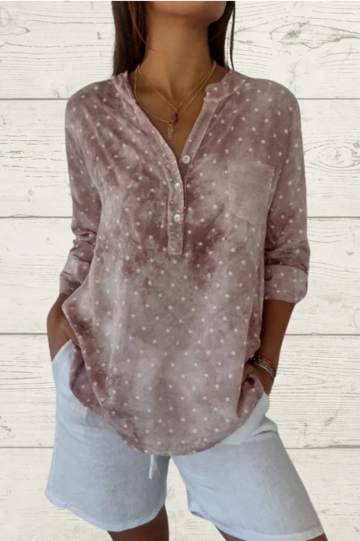 Blusa casual de linho com estampa de estrelas e bolso frontal feminino