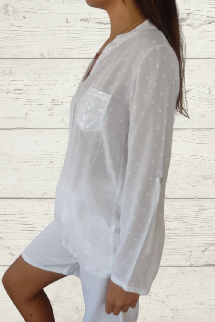 Blusa casual de linho com estampa de estrelas e bolso frontal feminino