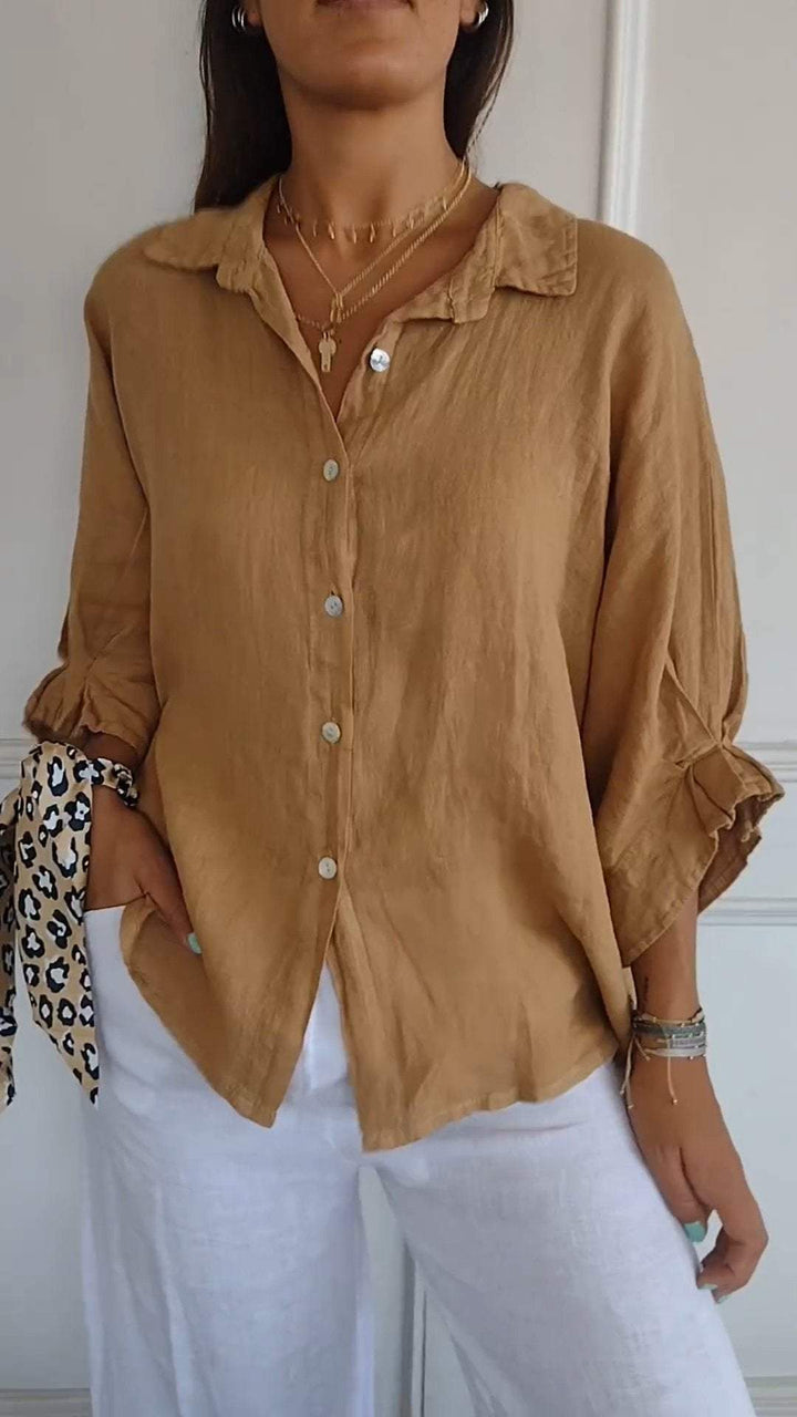 Camisa casual com amarração nas costas e lapela, de algodão e linho