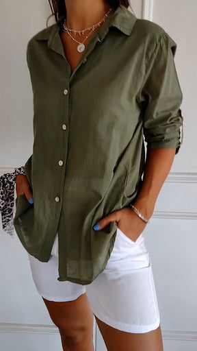 Camisa de Algodão e Linho com Lapela e Mangas 3/4