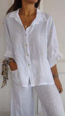 Camisa casual com amarração nas costas e lapela, de algodão e linho