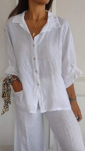 Camisa casual com amarração nas costas e lapela, de algodão e linho