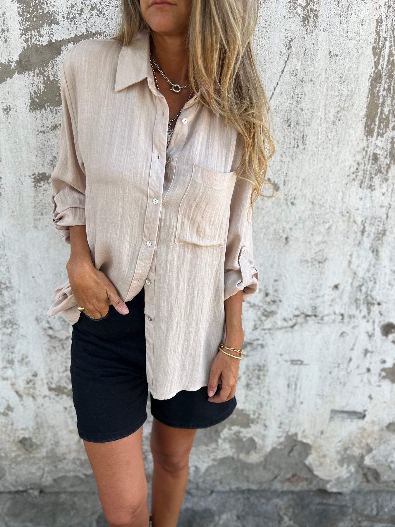 Camisa de algodão e linho com lapela