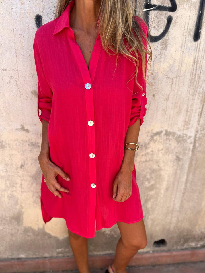 Camisa de Cor Sólida com Mangas 3/4 de Algodão e Linho