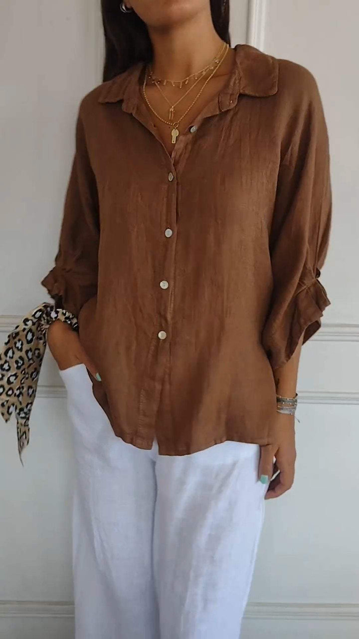 Camisa casual com amarração nas costas e lapela, de algodão e linho