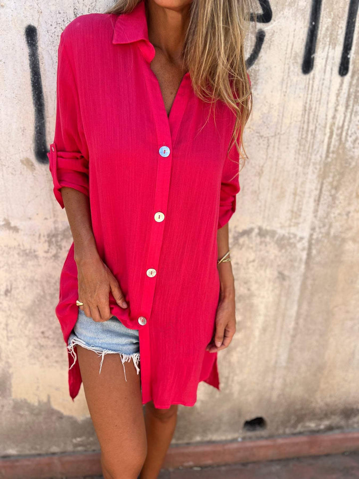 Camisa de Cor Sólida com Mangas 3/4 de Algodão e Linho