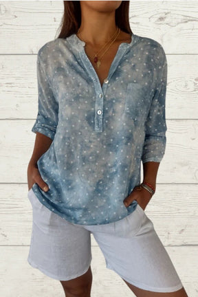 Blusa casual de linho com estampa de estrelas e bolso frontal feminino