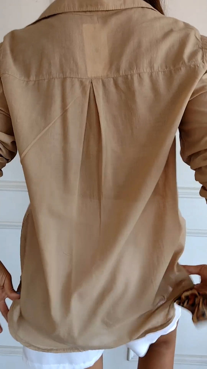 Camisa de Algodão e Linho com Lapela e Mangas 3/4