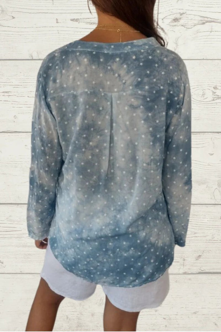 Blusa casual de linho com estampa de estrelas e bolso frontal feminino
