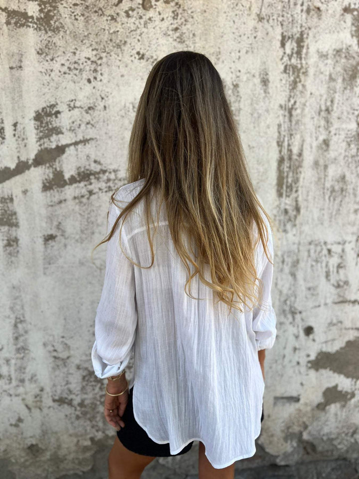 Camisa de algodão e linho com lapela