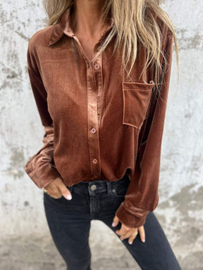 Camisa Casual de Veludo com Gola Lapela e Mangas Longas