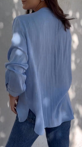 Camisa Casual de Algodão e Linho com Decote em V