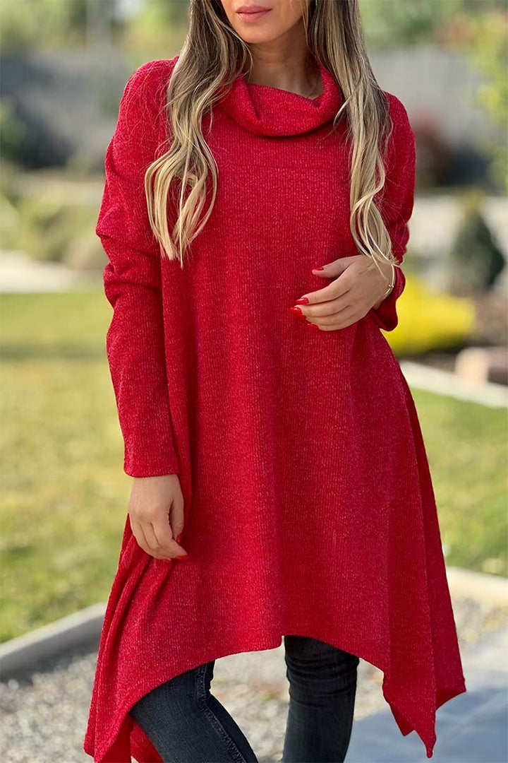 Camiseta feminina casual de gola alta e mangas longas com barra irregular