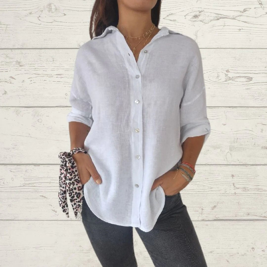 Camisa de algodão e linho com lapela e mangas longas