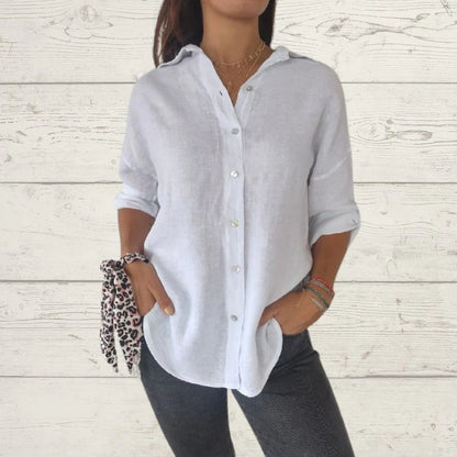 Camisa de algodão e linho com lapela e mangas longas