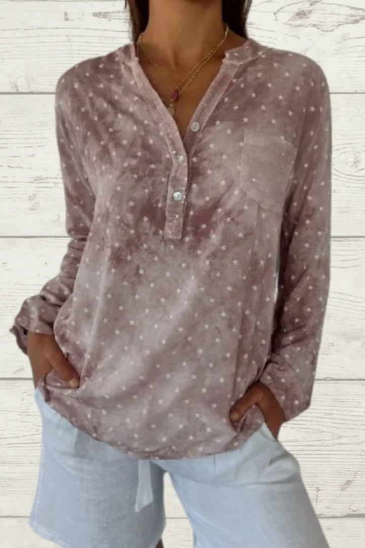 Blusa casual de linho com estampa de estrelas e bolso frontal feminino