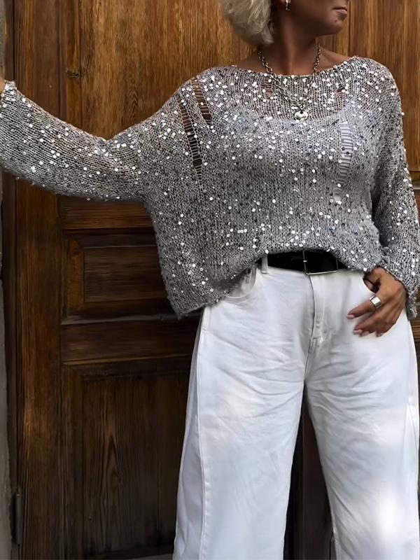 Blusa Feminina com Gola Redonda Paetês e Manga Longa