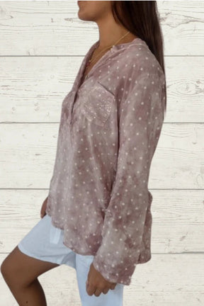 Blusa casual de linho com estampa de estrelas e bolso frontal feminino