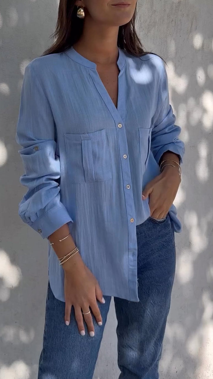 Camisa Casual de Algodão e Linho com Decote em V