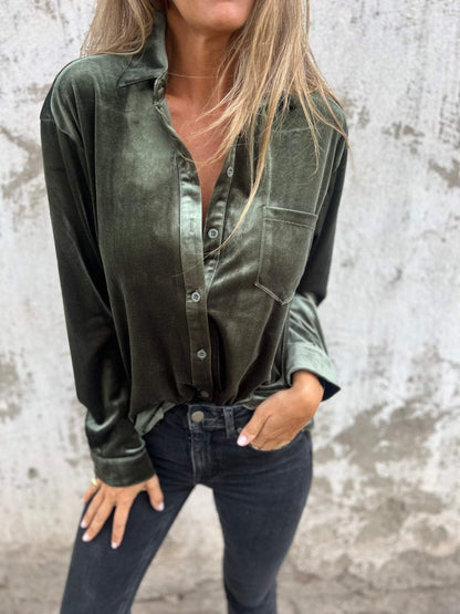 Camisa Casual de Veludo com Gola Lapela e Mangas Longas