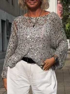Blusa Feminina com Gola Redonda Paetês e Manga Longa
