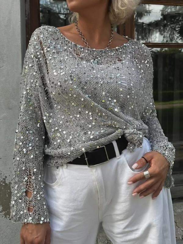 Blusa Feminina com Gola Redonda Paetês e Manga Longa