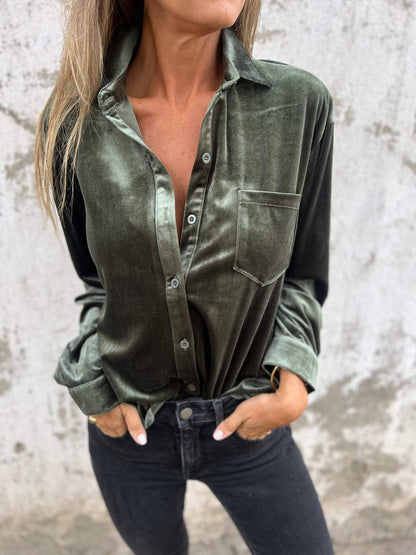 Camisa Casual de Veludo com Gola Lapela e Mangas Longas