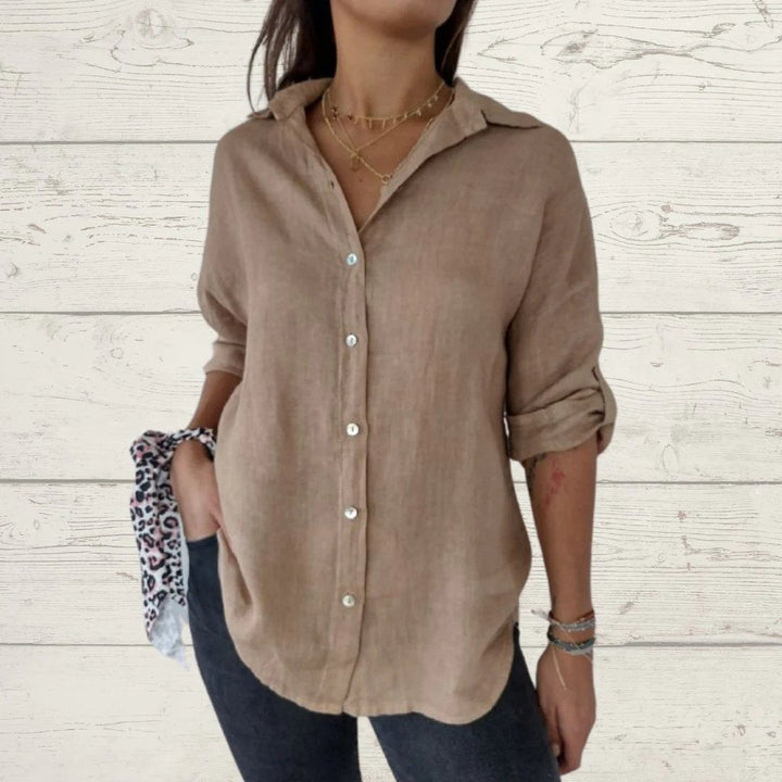 Camisa de algodão e linho com lapela e mangas longas