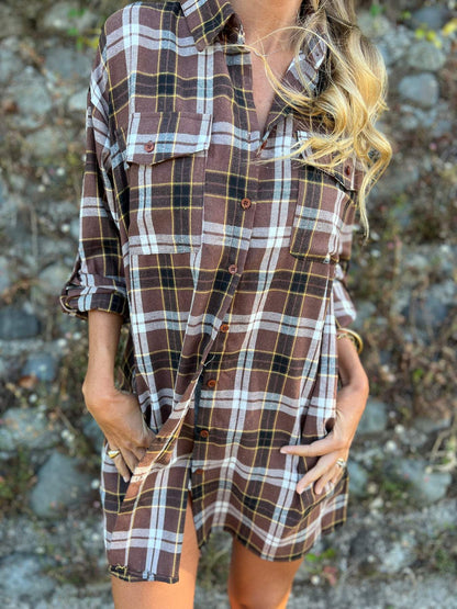 Camisa com Lapela e Mangas 3/4 Xadrez