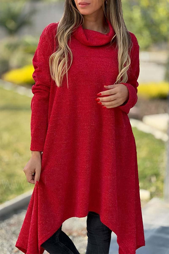 Camiseta feminina casual de gola alta e mangas longas com barra irregular