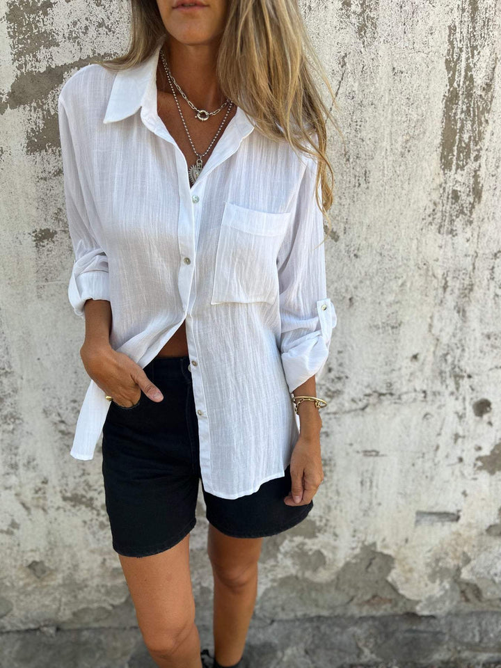 Camisa de algodão e linho com lapela