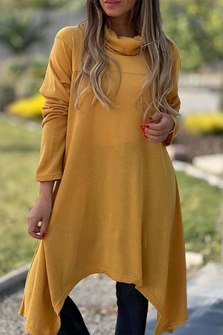 Camiseta feminina casual de gola alta e mangas longas com barra irregular