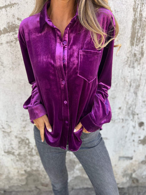 Camisa Casual de Veludo com Gola Lapela e Mangas Longas