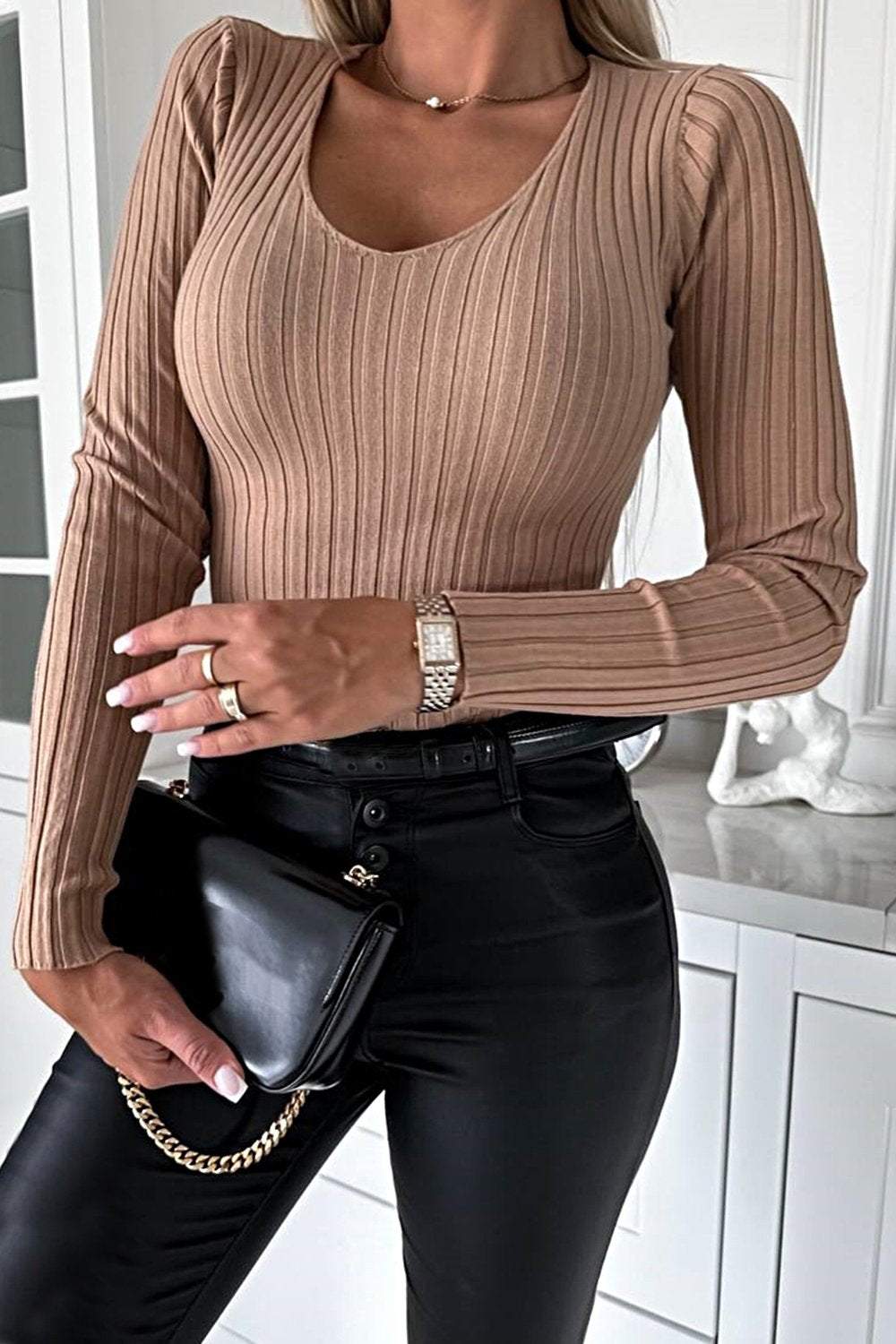 Blusa Feminina Slim de Cor Sólida com Textura e Elasticidade