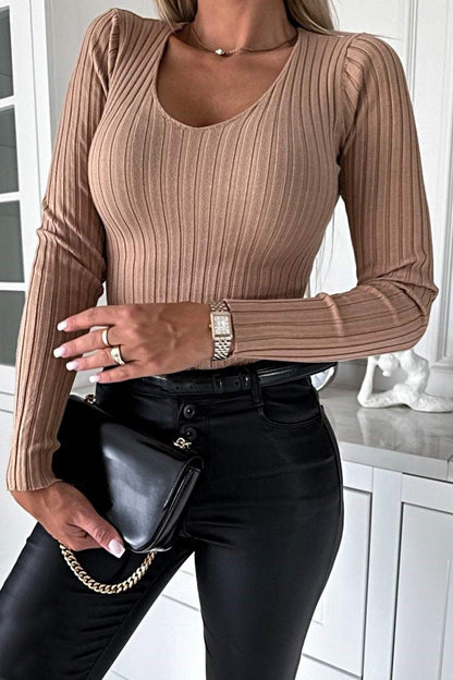 Blusa Feminina Slim de Cor Sólida com Textura e Elasticidade