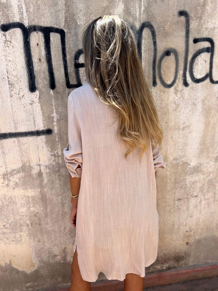 Camisa de Cor Sólida com Mangas 3/4 de Algodão e Linho