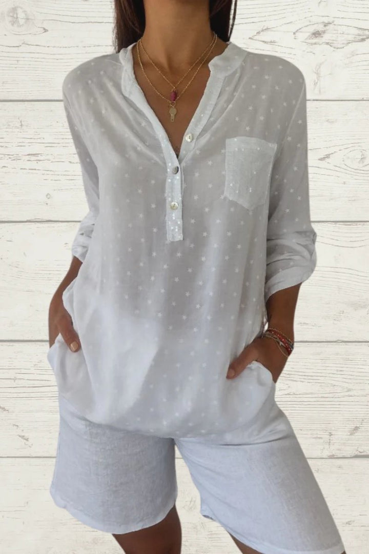 Blusa casual de linho com estampa de estrelas e bolso frontal feminino