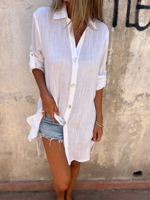 Camisa de Cor Sólida com Mangas 3/4 de Algodão e Linho