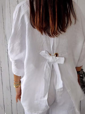 Camisa casual com amarração nas costas e lapela, de algodão e linho