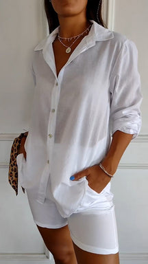 Camisa de Algodão e Linho com Lapela e Mangas 3/4