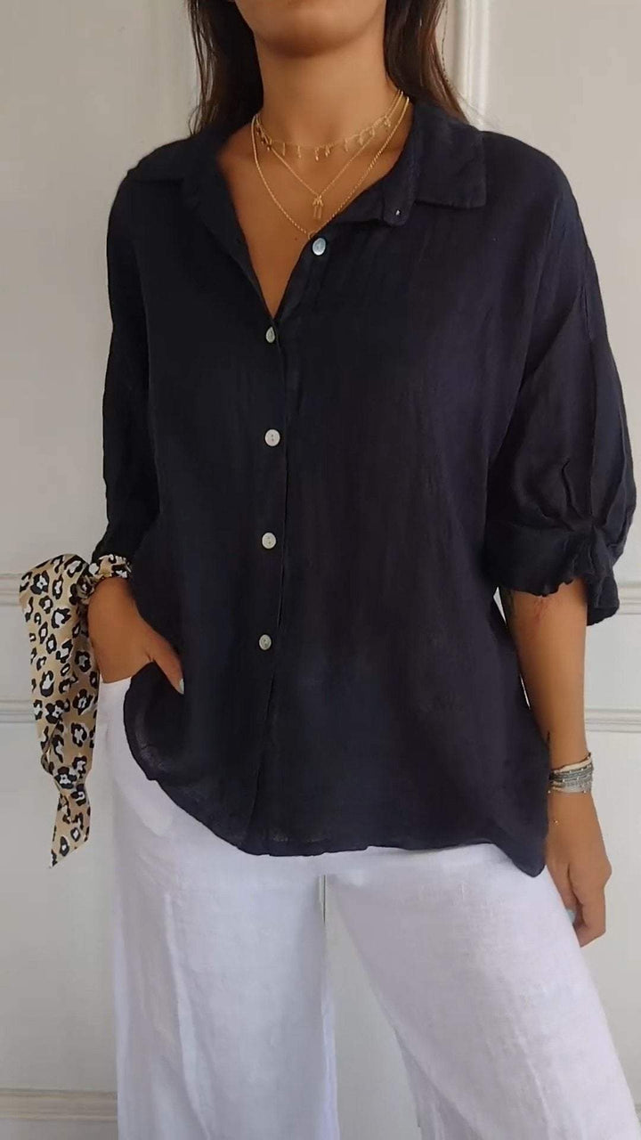 Camisa casual com amarração nas costas e lapela, de algodão e linho