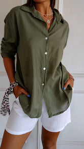 Camisa de Algodão e Linho com Lapela e Mangas 3/4