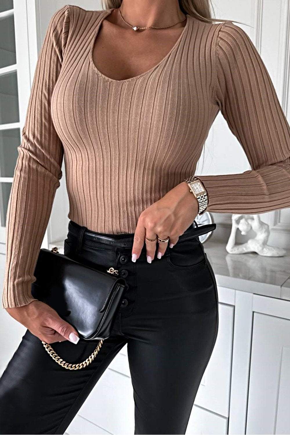 Blusa Feminina Slim de Cor Sólida com Textura e Elasticidade