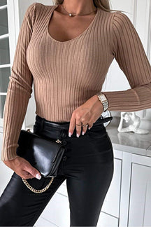 Blusa Feminina Slim de Cor Sólida com Textura e Elasticidade